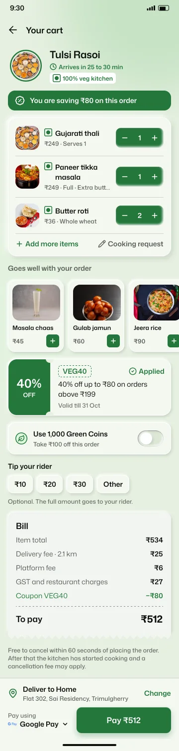The Vegiffy cart with dish photos, a coupon, a tip choice and a bill listing every charge