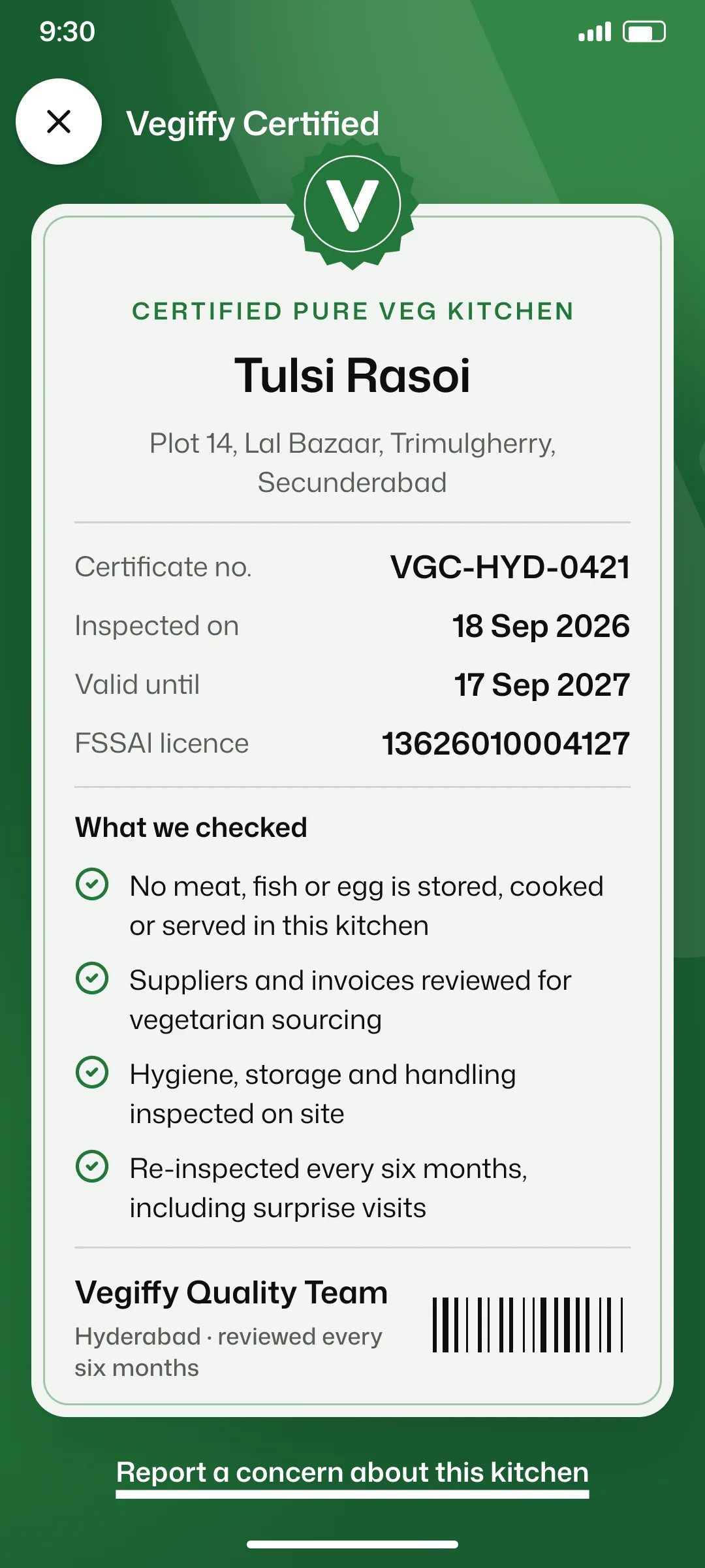 A Vegiffy Certified kitchen certificate: certificate number, inspection date, FSSAI licence and what was checked