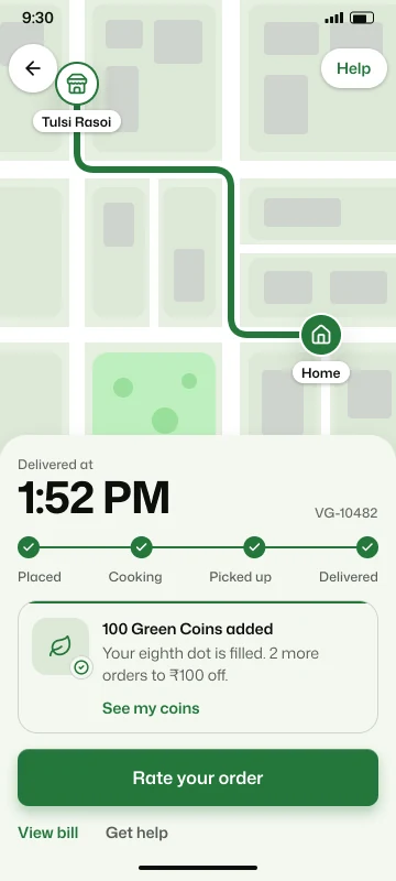 Order delivered, with 100 Green Coins added to the customer’s card