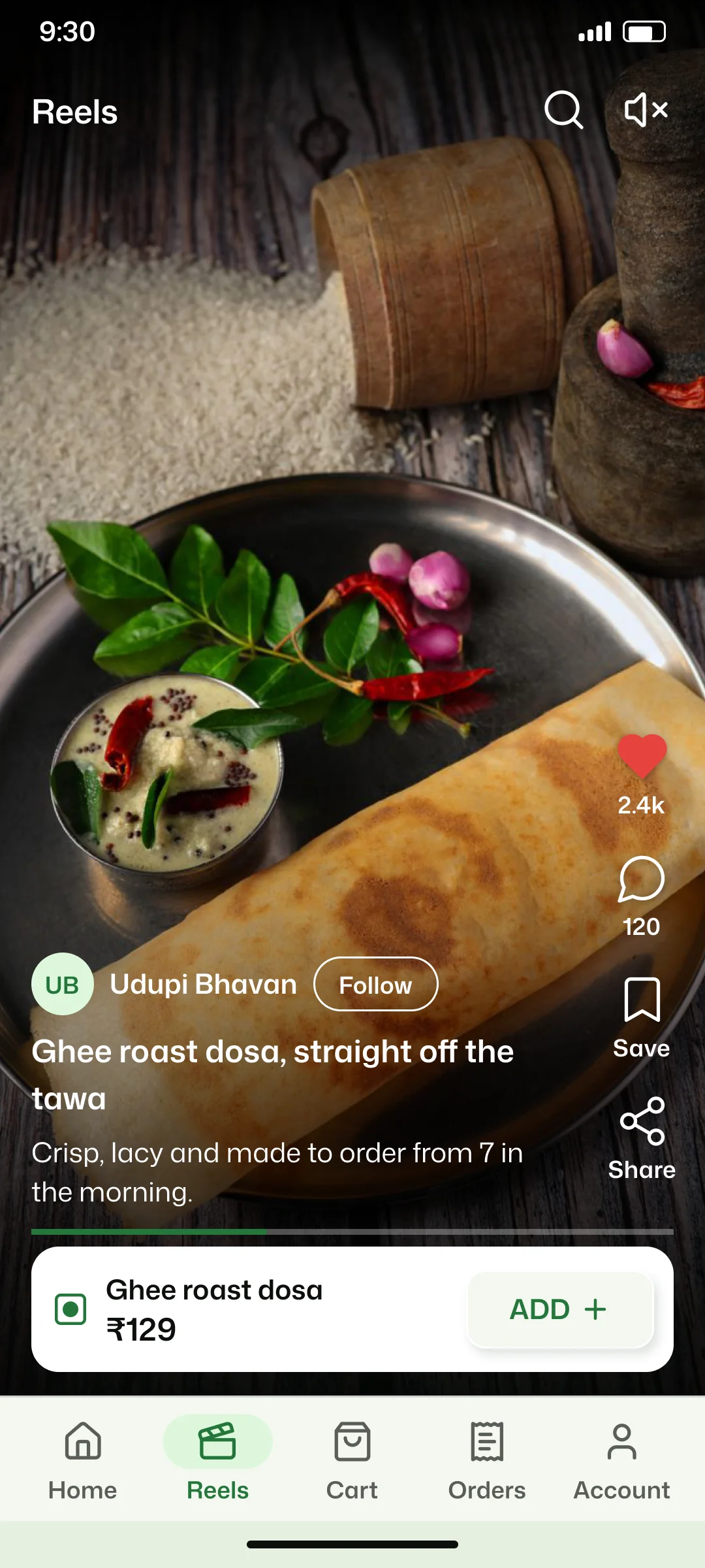 A Vegiffy reel of ghee roast dosa from a kitchen, with like, comment, save and share, and an ADD button for the dish