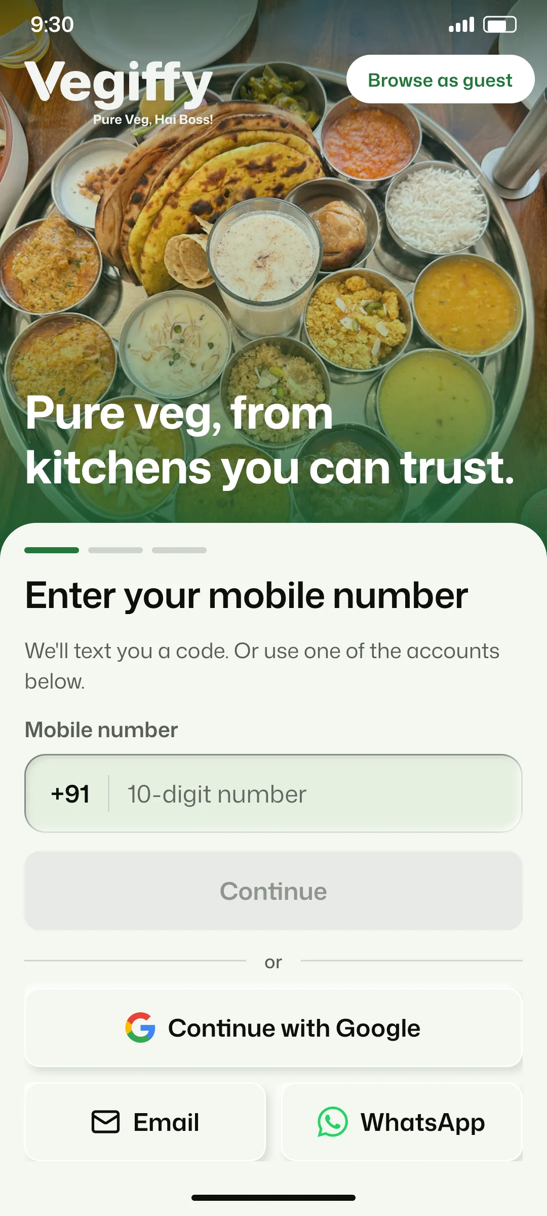 Vegiffy sign-in: a thali photograph and a sheet asking for your mobile number